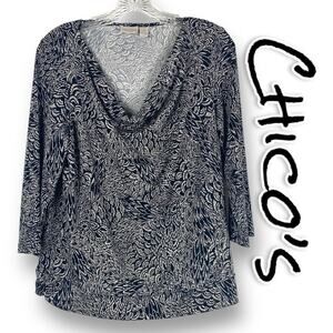 Easywear by Chicos Black Tan Print Cowl Neck 3/4 Sleeve Blouse Womens Size 1(8)